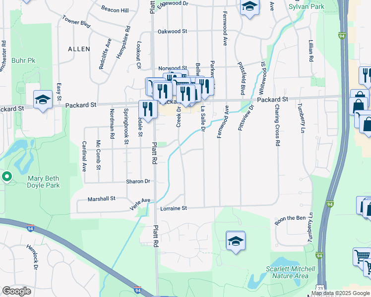 map of restaurants, bars, coffee shops, grocery stores, and more near 3301 Creek Drive in Ann Arbor