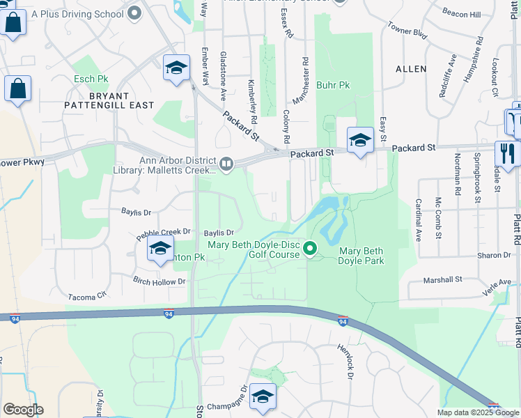 map of restaurants, bars, coffee shops, grocery stores, and more near 3187 Baylis Drive in Ann Arbor