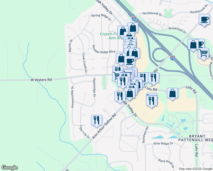 map of restaurants, bars, coffee shops, grocery stores, and more near 3089 Appleridge Dr in Ann Arbor