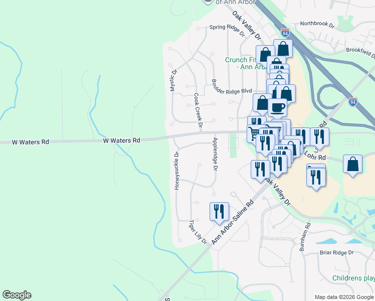 map of restaurants, bars, coffee shops, grocery stores, and more near 3106 Tiger Lily Court in Ann Arbor