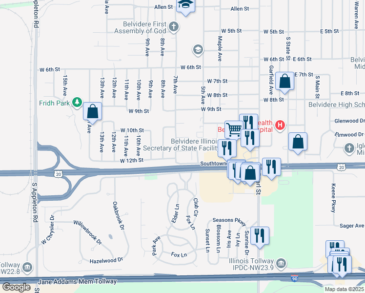 map of restaurants, bars, coffee shops, grocery stores, and more near 677 Southtowne Drive in Belvidere