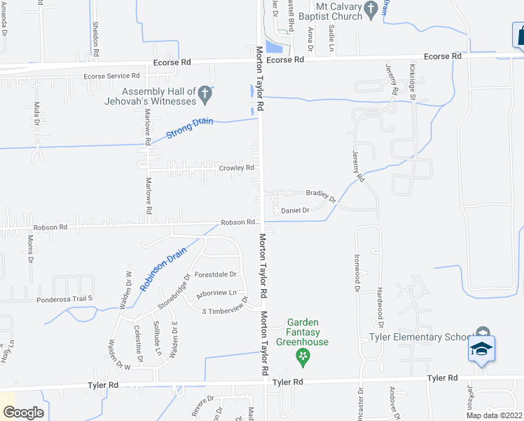 map of restaurants, bars, coffee shops, grocery stores, and more near Morton Taylor Road in Van Buren Charter Township