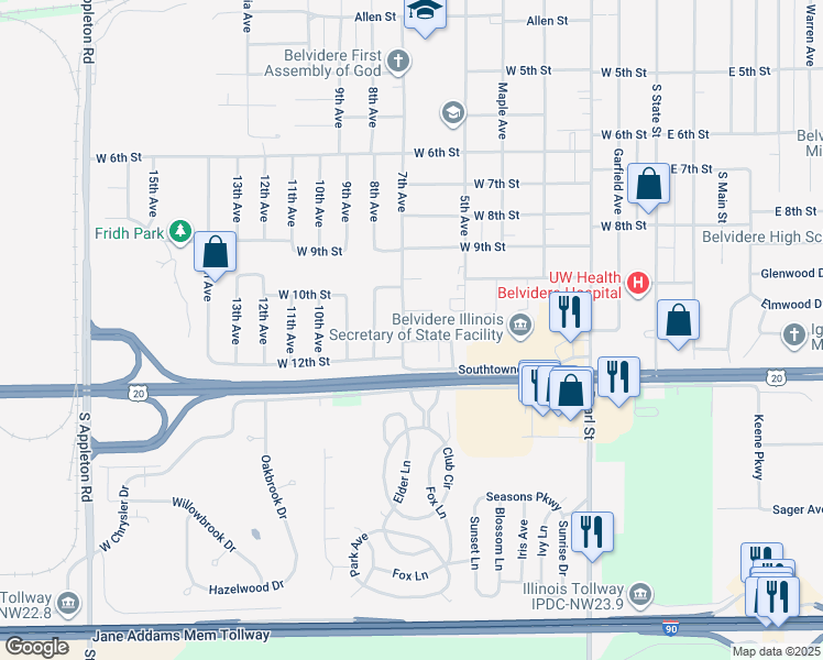 map of restaurants, bars, coffee shops, grocery stores, and more near 677 Southtowne Drive in Belvidere