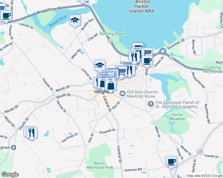 map of restaurants, bars, coffee shops, grocery stores, and more near 37 Main Street in Hingham
