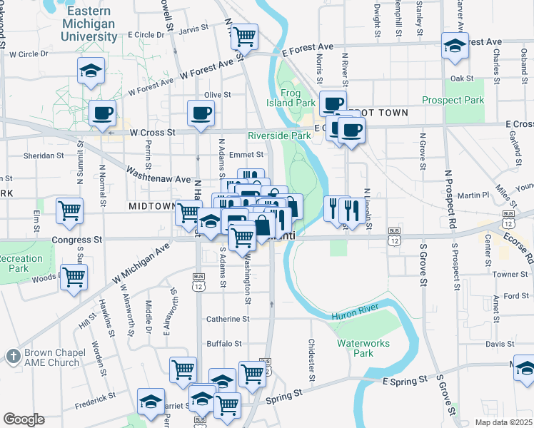 map of restaurants, bars, coffee shops, grocery stores, and more near in Ypsilanti