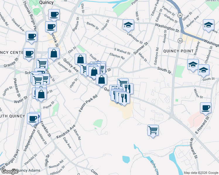 map of restaurants, bars, coffee shops, grocery stores, and more near 182 Quincy Avenue in Quincy