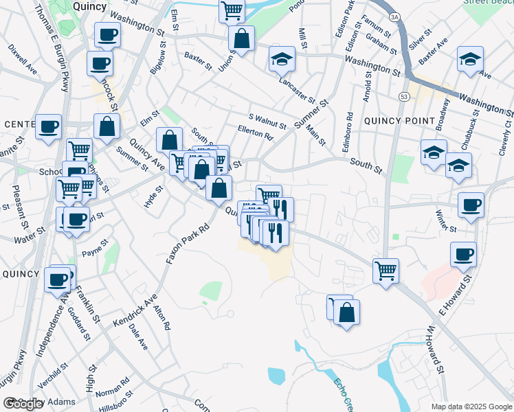 map of restaurants, bars, coffee shops, grocery stores, and more near in Quincy