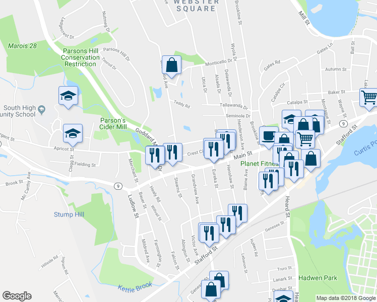 map of restaurants, bars, coffee shops, grocery stores, and more near 17 Crest Circle in Worcester