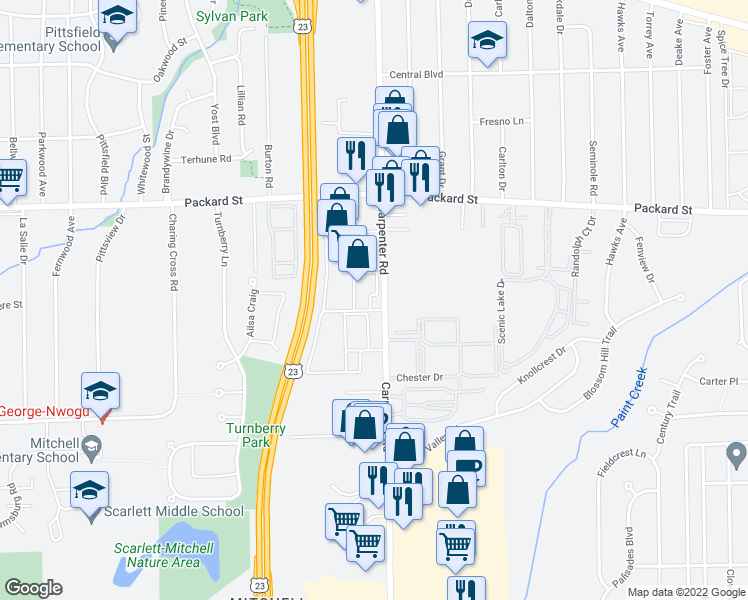 map of restaurants, bars, coffee shops, grocery stores, and more near 3200 Carpenter Road in Ypsilanti