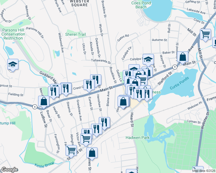map of restaurants, bars, coffee shops, grocery stores, and more near 1 Blaine Avenue in Worcester