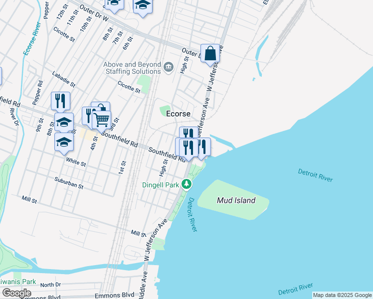 map of restaurants, bars, coffee shops, grocery stores, and more near in Ecorse
