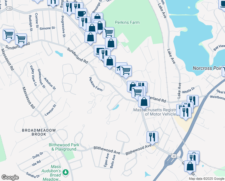 map of restaurants, bars, coffee shops, grocery stores, and more near 376 Sunderland Road in Worcester