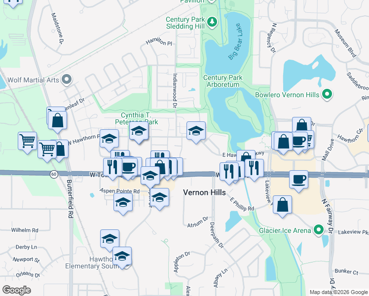 map of restaurants, bars, coffee shops, grocery stores, and more near 812 Gladstone Drive in Vernon Hills