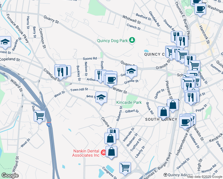 map of restaurants, bars, coffee shops, grocery stores, and more near 378 Granite Street in Quincy