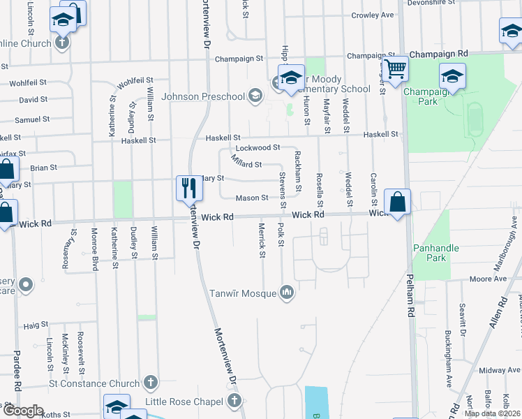 map of restaurants, bars, coffee shops, grocery stores, and more near 9219 Merrick Street in Taylor