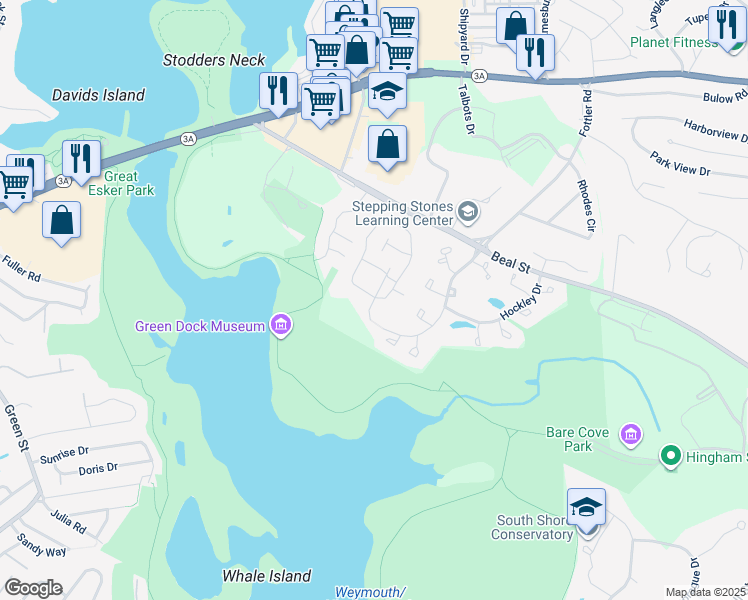 map of restaurants, bars, coffee shops, grocery stores, and more near 802 Tuckers Lane in Hingham