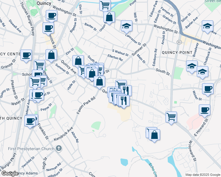 map of restaurants, bars, coffee shops, grocery stores, and more near in Quincy