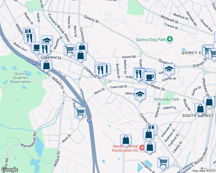 map of restaurants, bars, coffee shops, grocery stores, and more near 72 Centre Street in Quincy