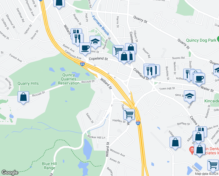 map of restaurants, bars, coffee shops, grocery stores, and more near 459 Willard Street in Quincy