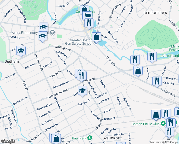 map of restaurants, bars, coffee shops, grocery stores, and more near 88 Oakdale Avenue in Dedham