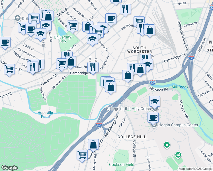 map of restaurants, bars, coffee shops, grocery stores, and more near 3 Brussels Street in Worcester
