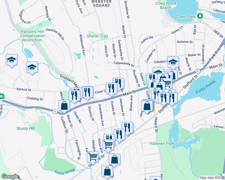 map of restaurants, bars, coffee shops, grocery stores, and more near in Worcester