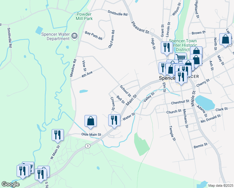 map of restaurants, bars, coffee shops, grocery stores, and more near 14 Bell Street in Spencer