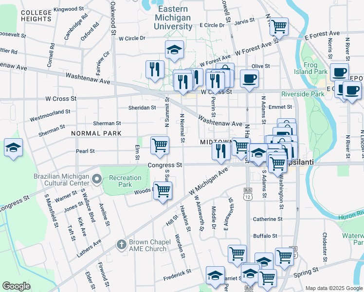 map of restaurants, bars, coffee shops, grocery stores, and more near 11 North Normal Street in Ypsilanti