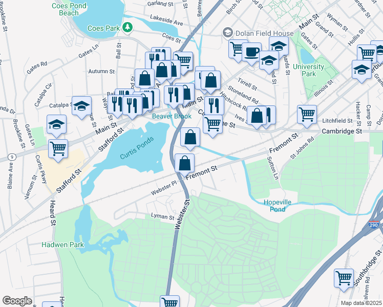 map of restaurants, bars, coffee shops, grocery stores, and more near 97 Webster Street in Worcester