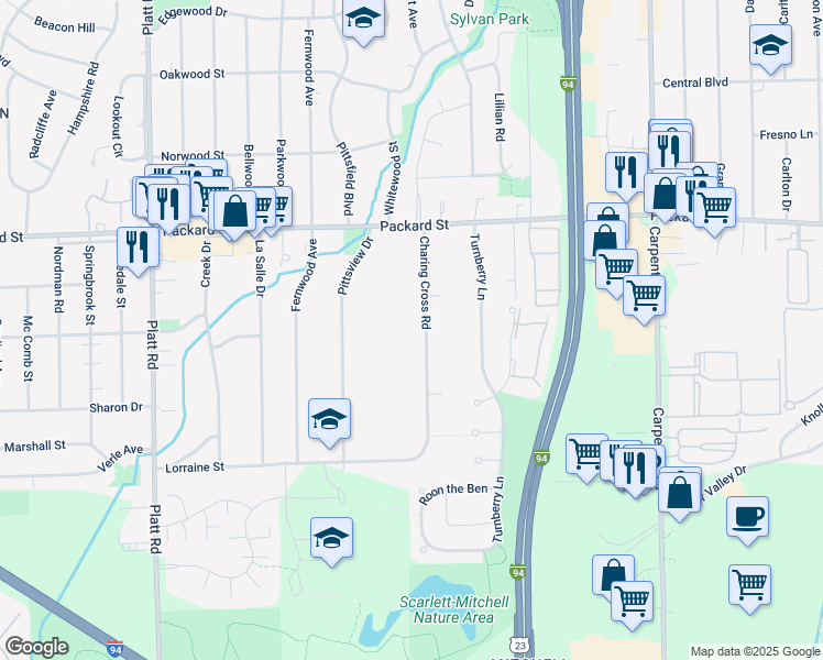 map of restaurants, bars, coffee shops, grocery stores, and more near 3212 Charing Cross Road in Ann Arbor