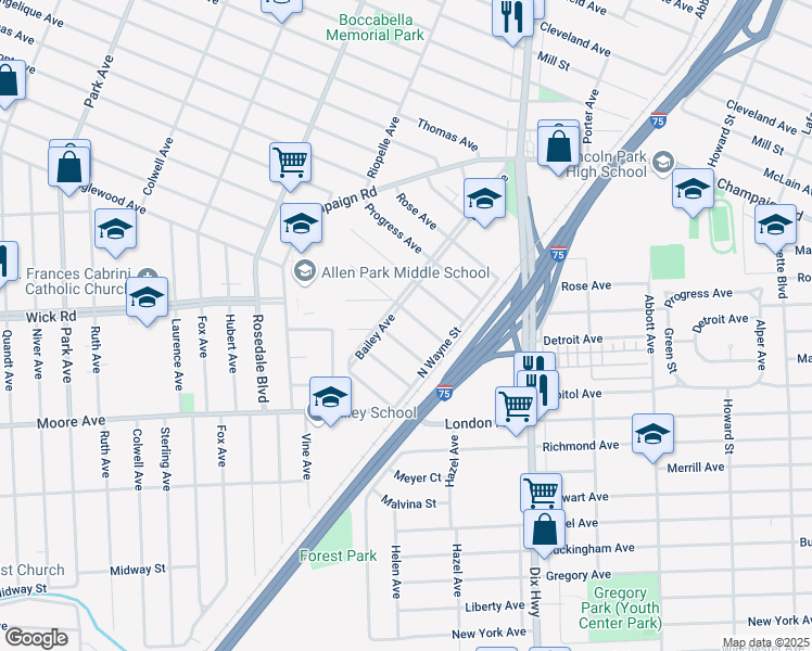 map of restaurants, bars, coffee shops, grocery stores, and more near 2217 Calvin Avenue in Lincoln Park