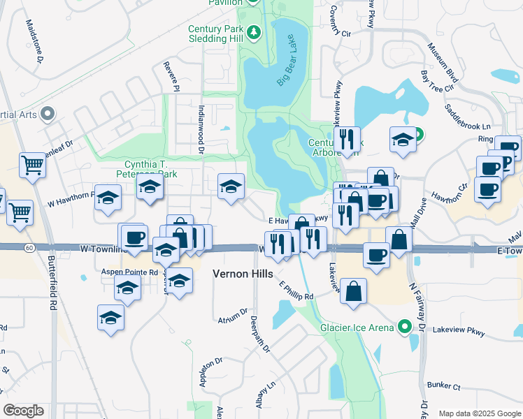 map of restaurants, bars, coffee shops, grocery stores, and more near 10 East Hawthorn Parkway in Vernon Hills