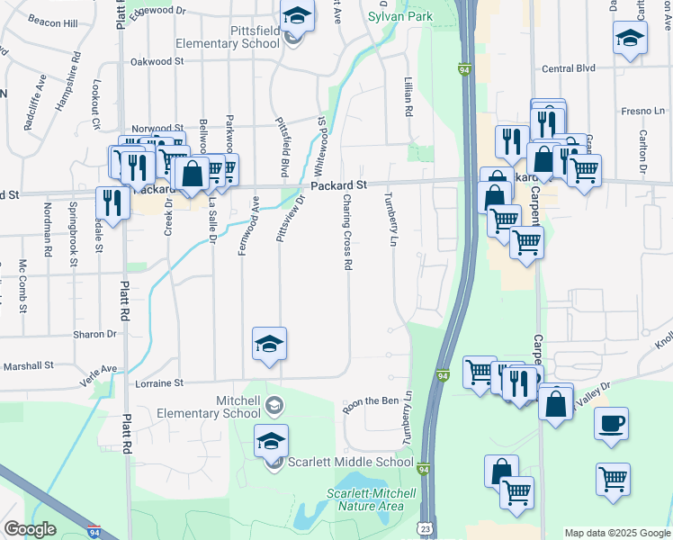 map of restaurants, bars, coffee shops, grocery stores, and more near 3232 Charing Cross Road in Ann Arbor