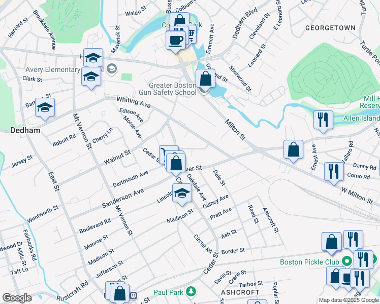 map of restaurants, bars, coffee shops, grocery stores, and more near 88 Oakdale Avenue in Dedham