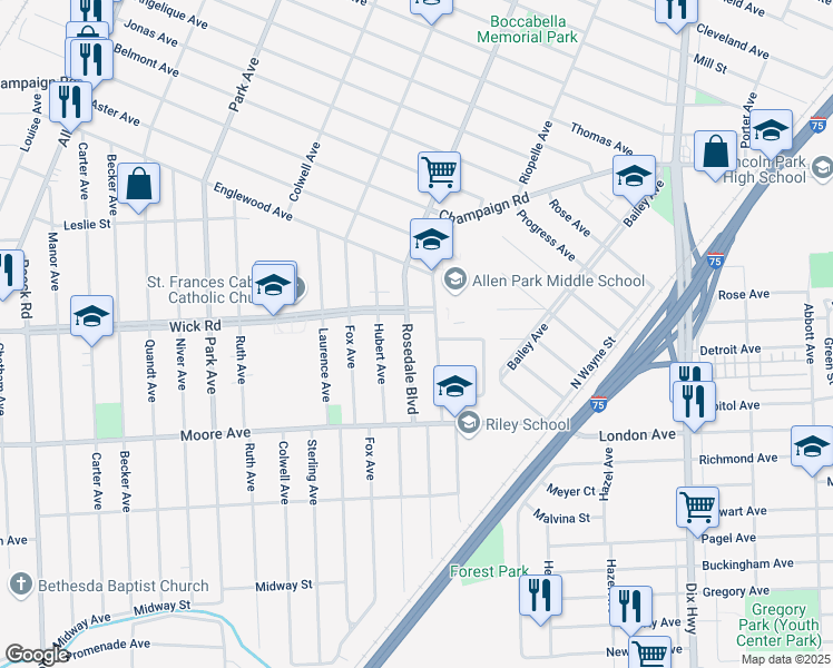 map of restaurants, bars, coffee shops, grocery stores, and more near 9298 Vine Avenue in Allen Park
