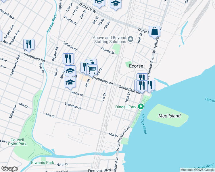 map of restaurants, bars, coffee shops, grocery stores, and more near 4375 2nd Street in Ecorse