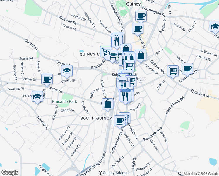 map of restaurants, bars, coffee shops, grocery stores, and more near 17 Marsh Street in Quincy