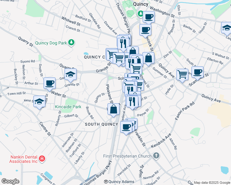 map of restaurants, bars, coffee shops, grocery stores, and more near 24 Quincy Street in Quincy