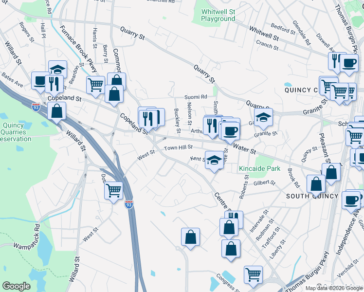 map of restaurants, bars, coffee shops, grocery stores, and more near 74 Arthur Street in Quincy