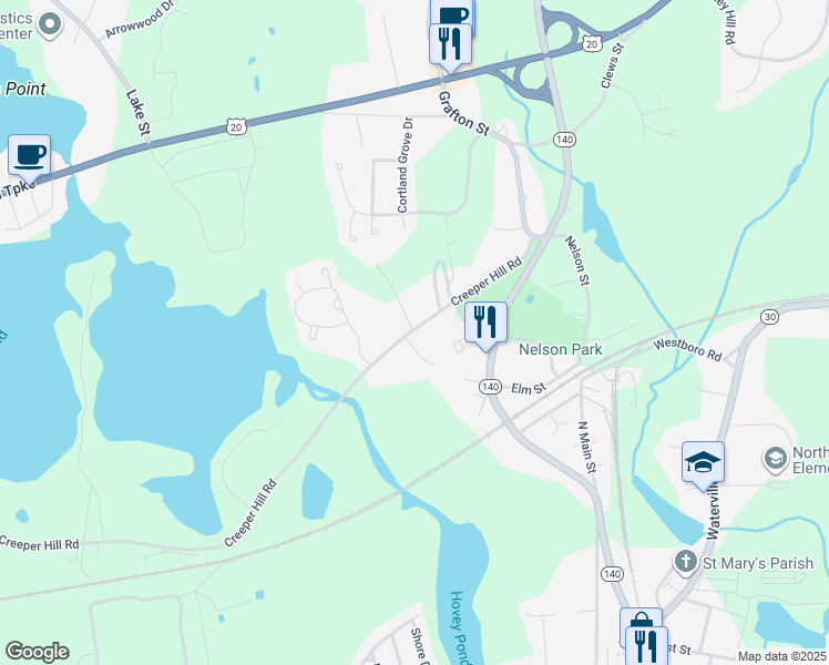 map of restaurants, bars, coffee shops, grocery stores, and more near 7 Matthew Circle in Grafton