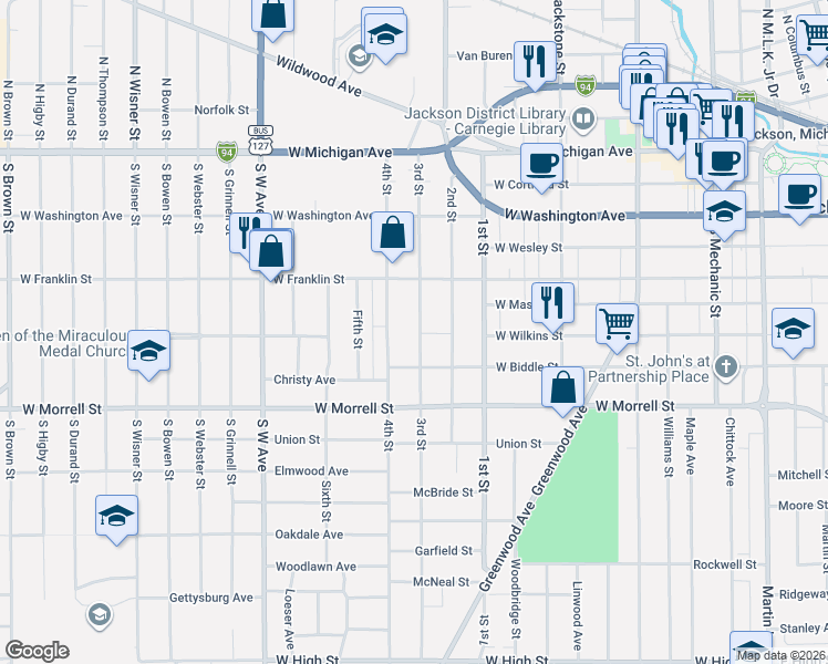 map of restaurants, bars, coffee shops, grocery stores, and more near 601 Third Street in Jackson