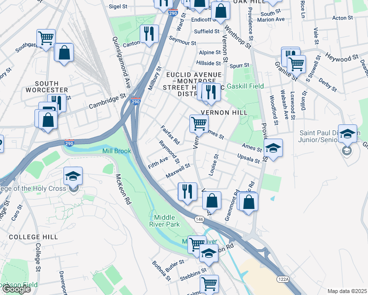 map of restaurants, bars, coffee shops, grocery stores, and more near 63 Fifth Avenue in Worcester