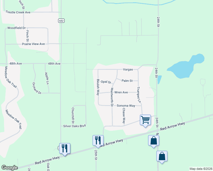 map of restaurants, bars, coffee shops, grocery stores, and more near 24866 Opal Street in Mattawan