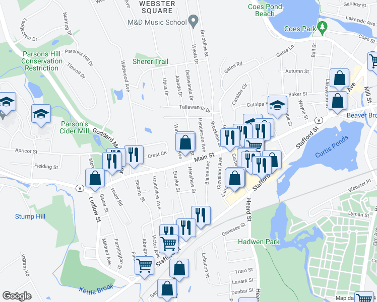 map of restaurants, bars, coffee shops, grocery stores, and more near 13 Sylvan Street in Worcester