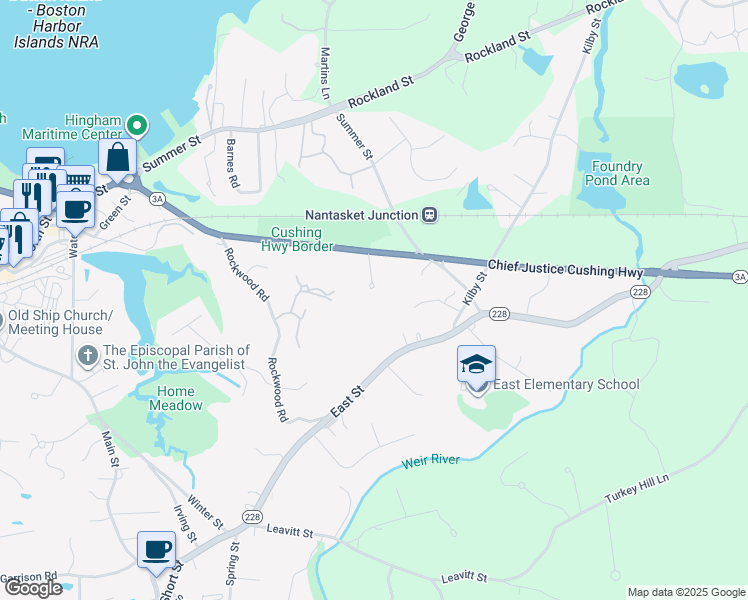 map of restaurants, bars, coffee shops, grocery stores, and more near 70 Justice Cushing Way in Hingham