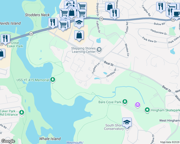 map of restaurants, bars, coffee shops, grocery stores, and more near 601 Tucker's Lane in Hingham