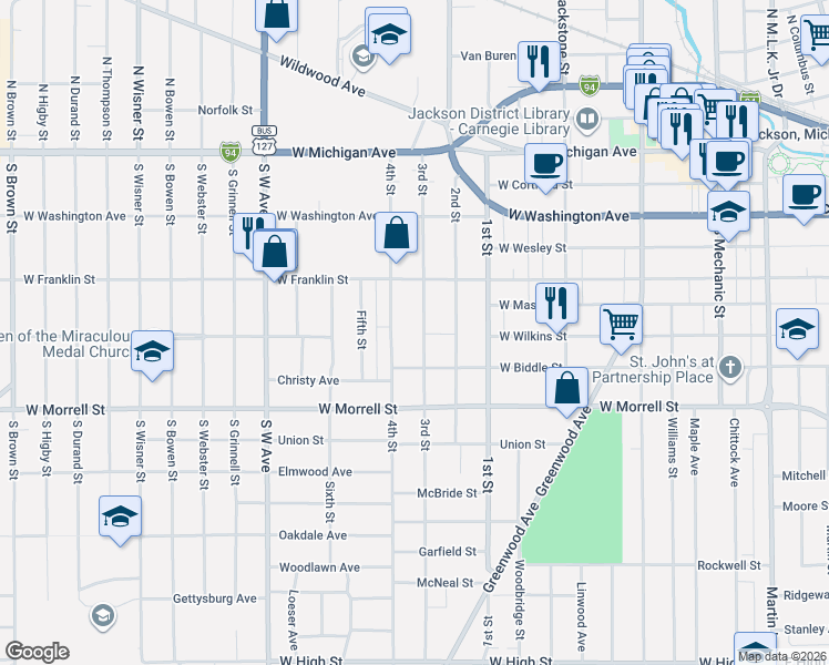 map of restaurants, bars, coffee shops, grocery stores, and more near 601 Third Street in Jackson