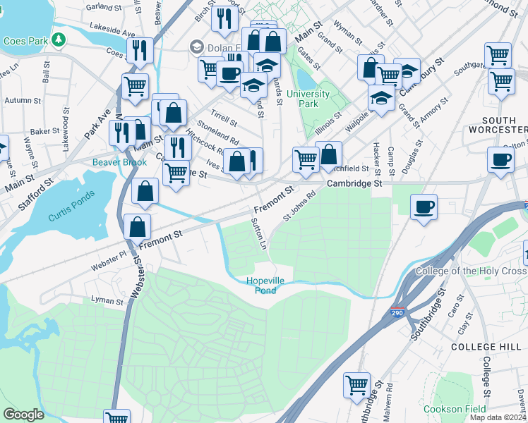 map of restaurants, bars, coffee shops, grocery stores, and more near 144 Fremont Street in Worcester