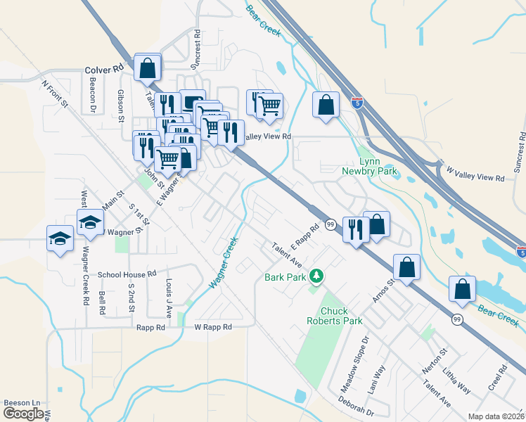 map of restaurants, bars, coffee shops, grocery stores, and more near 265 Rockfellow Place in Talent