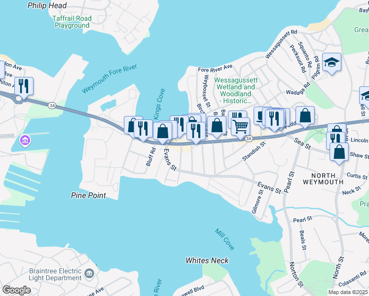 map of restaurants, bars, coffee shops, grocery stores, and more near 198 Bridge Street in Weymouth